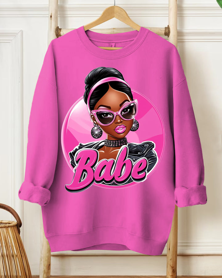 Fashion Doll Print Round Neck Long Sleeve Casual Sweatshirt