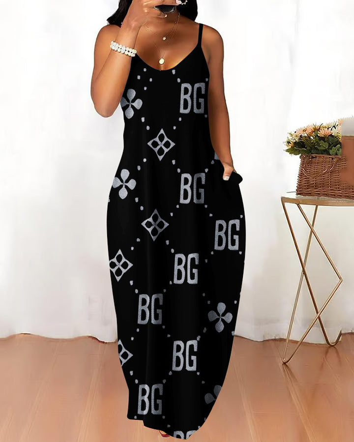 Sling Flower Letter Stitching Pocket Maxi Dress