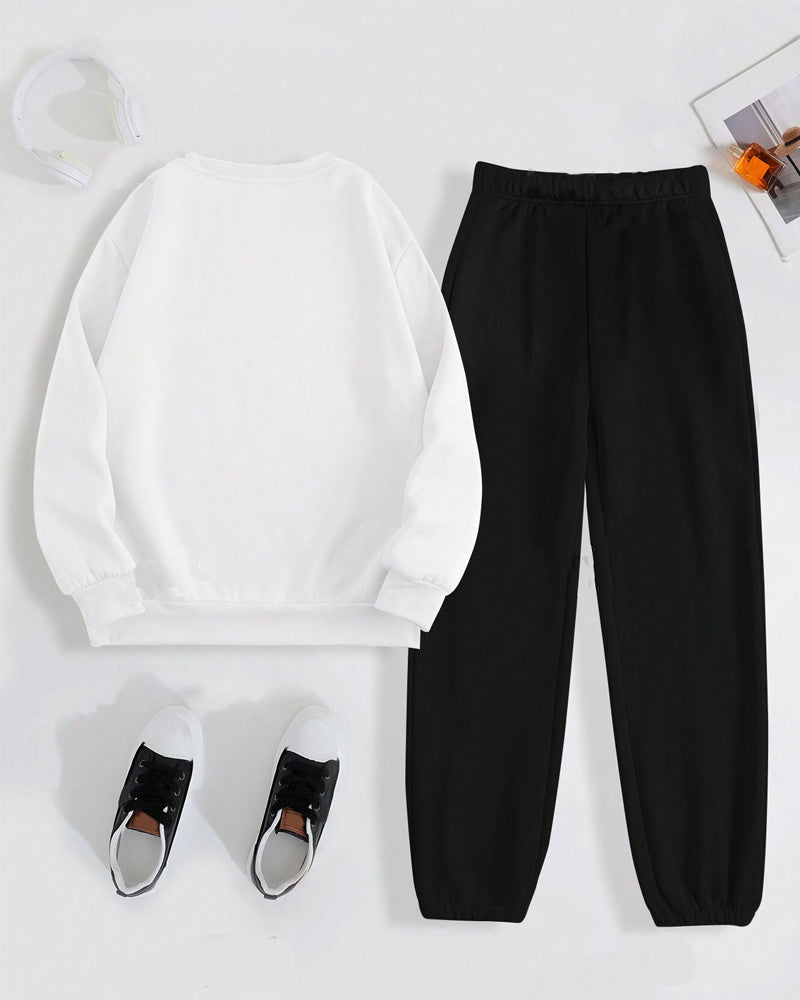 Letter Print Printed Round Neck Long Sleeve Hoodie Two Pieces Set