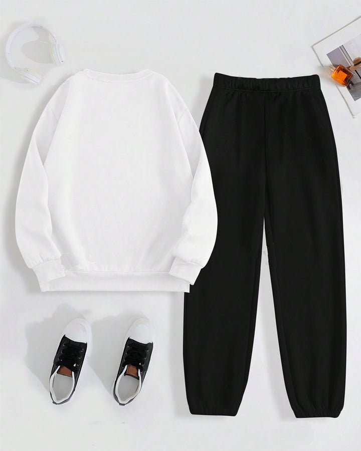 Letter Print Printed Round Neck Long Sleeve Hoodie Two Pieces Set