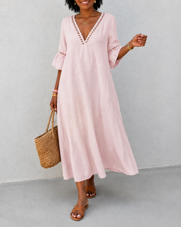 V-neck Solid Color Cotton and Linen Hollow-out Patchwork Dress