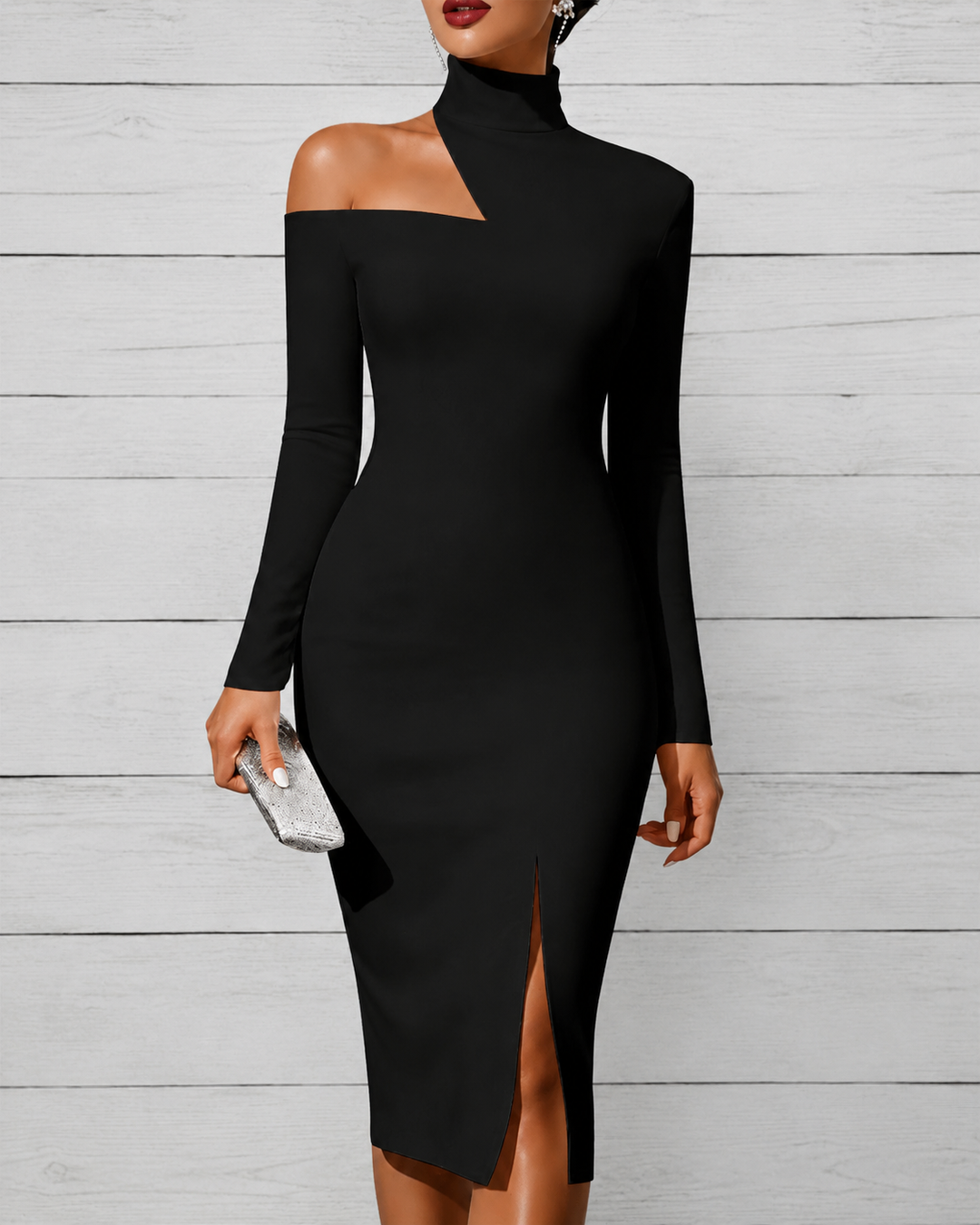 Off-the-shoulder High-neck Slim-fit Solid Color Dress Party Dress