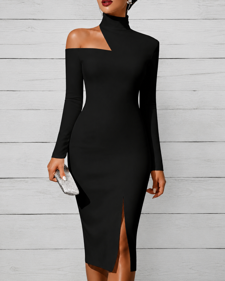 Off-the-shoulder High-neck Slim-fit Solid Color Dress Party Dress