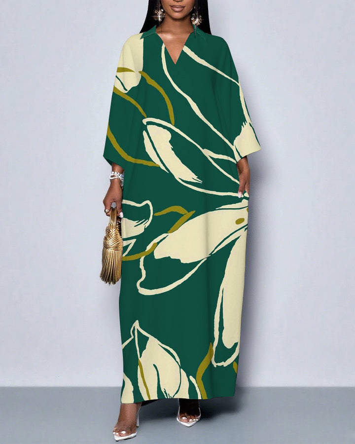 Botanical Print Lapel Pocket Maxi Dress