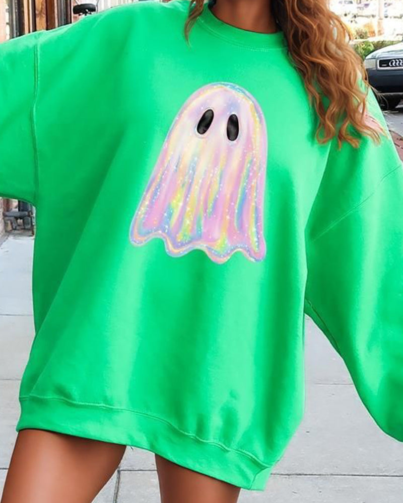 Sparkling Ghost Halloween Print Cotton Long Sleeve Sweatshirt
