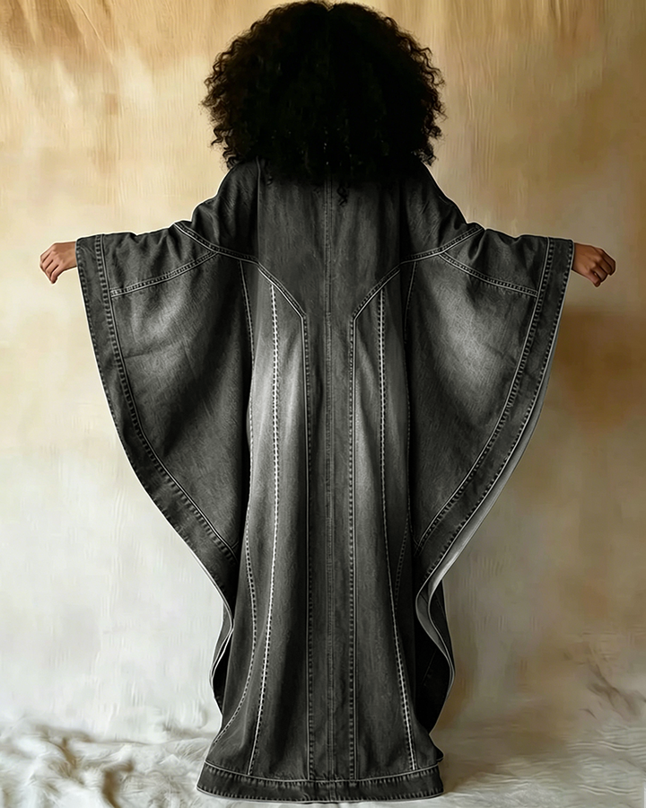 Washed Denim Texture Print V-neck Long Kaftan Dress