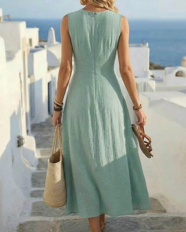 Round Neck Cotton Linen Twist Waist Cross Sleeveless Maxi Dress