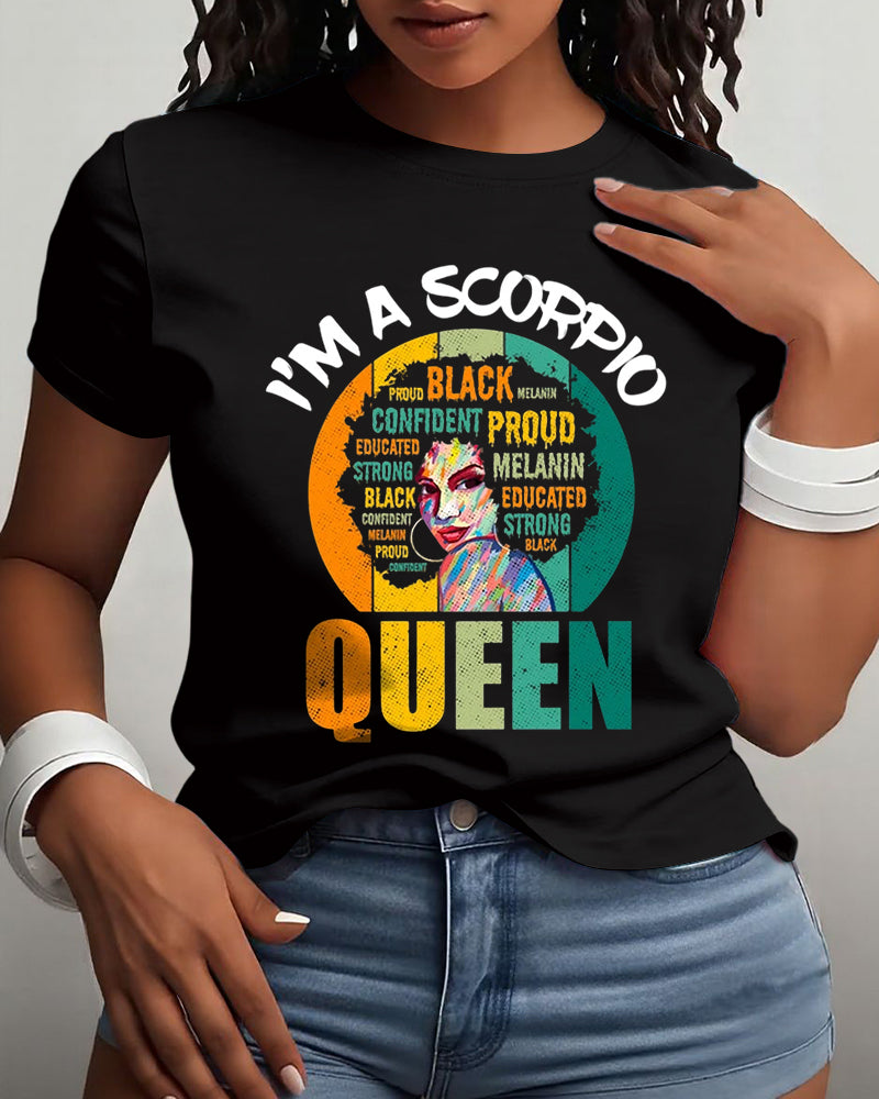 Scorpio Afro Girl Queen Traits Astrological Zodiac Sign Print Cotton Short Sleeve T-Shirt