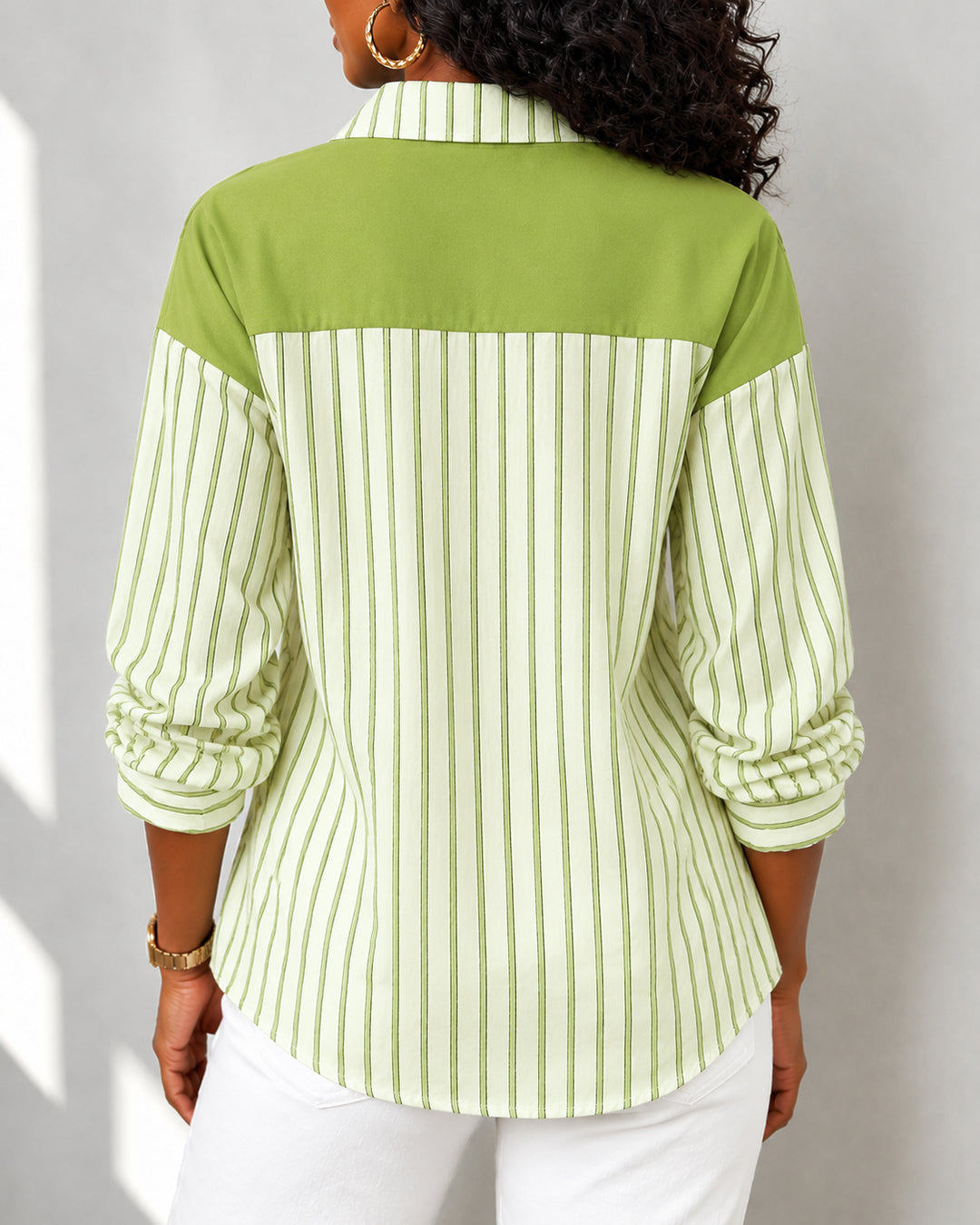 Women's 2 in 1 Striped Button Down Shirt with Attached Tie Shawl