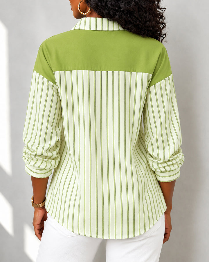 Women's 2 in 1 Striped Button Down Shirt with Attached Tie Shawl