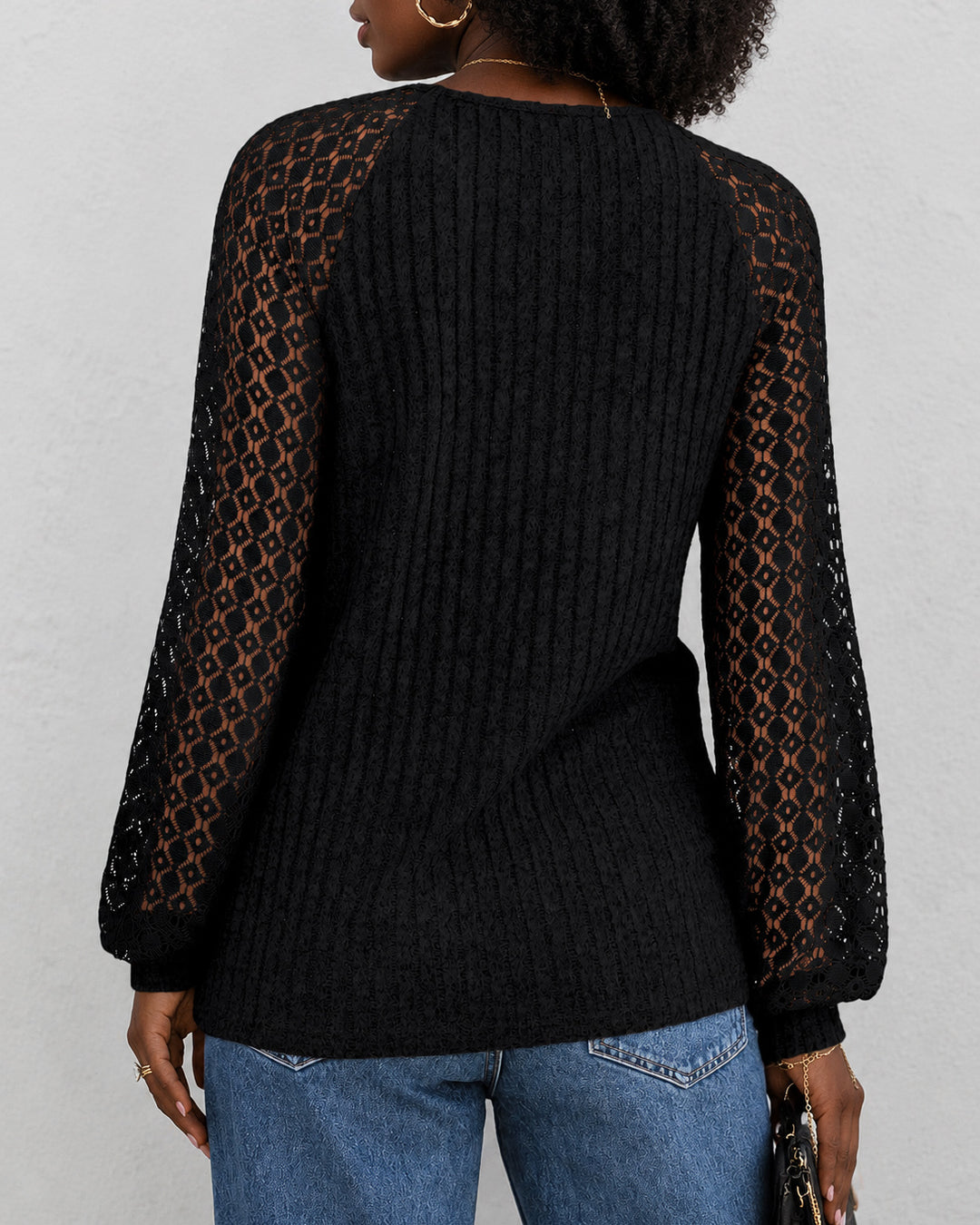 Women's Ribbed Knit Round Neck Raglan Lace Long Sleeve Top
