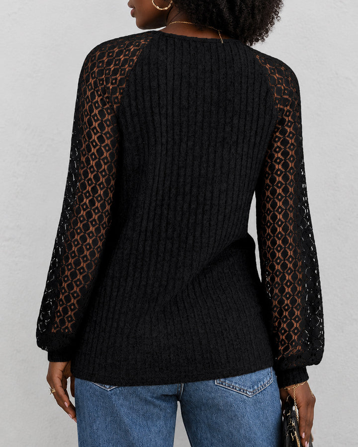 Women's Ribbed Knit Round Neck Raglan Lace Long Sleeve Top