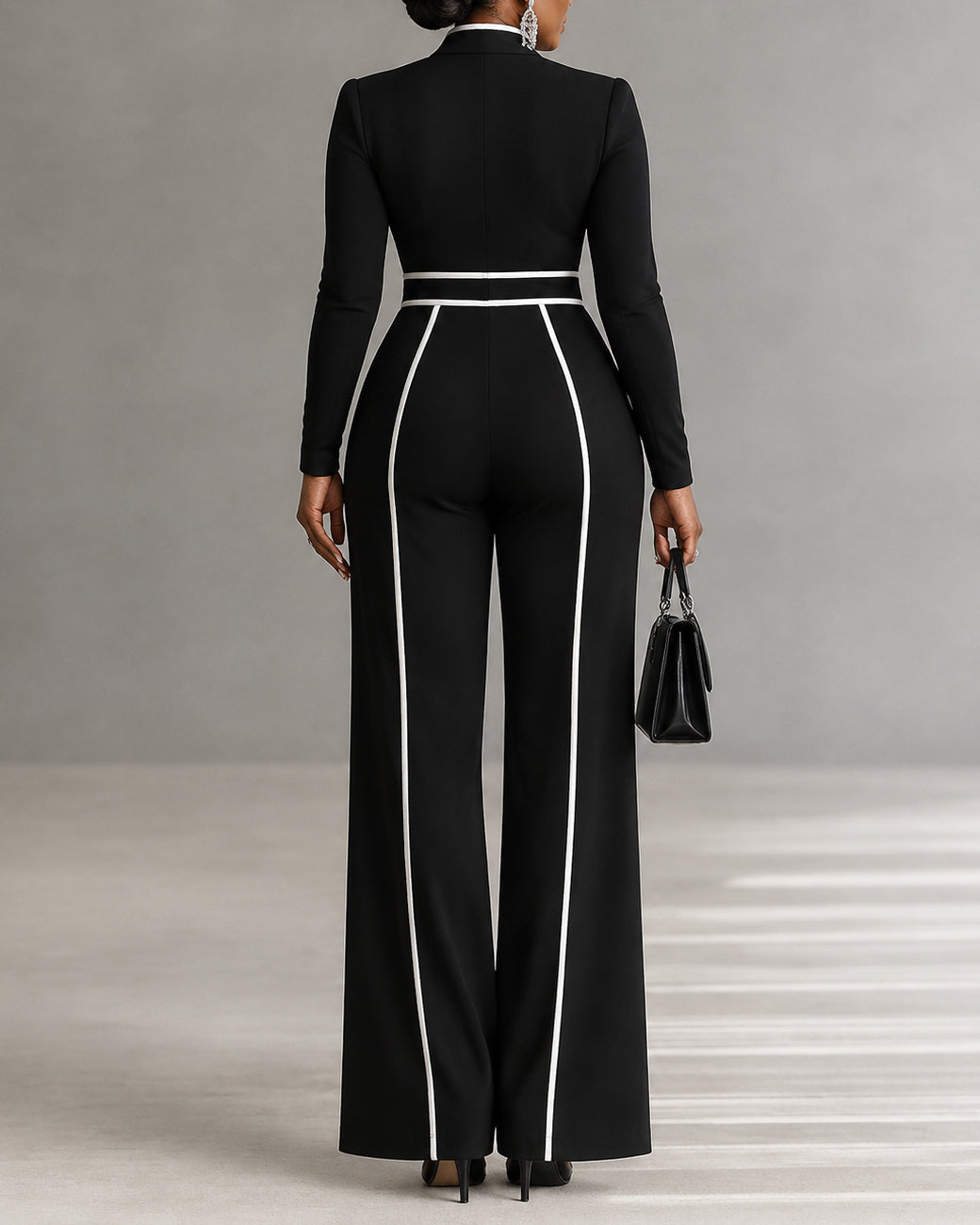 Women's 2 Piece Outfit Minimalist Cropped Turtleneck Top+High-waisted Striped Wide-leg Trousers