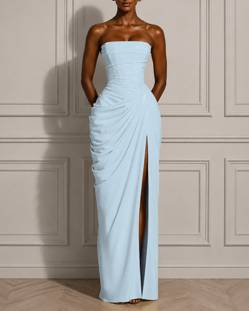 Back Lace-up Asymmetrical Pleats Strapless Slit Maxi Dress