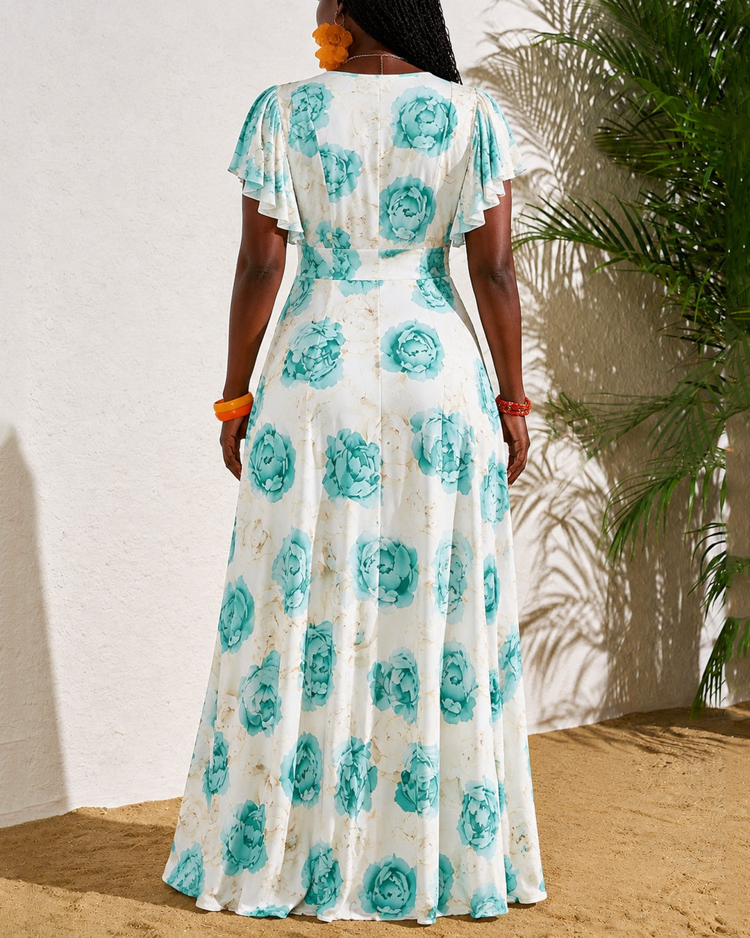 Elegant Floral V-Neck Lace Trim Flared Sleeve Full Swing Maxi Dress