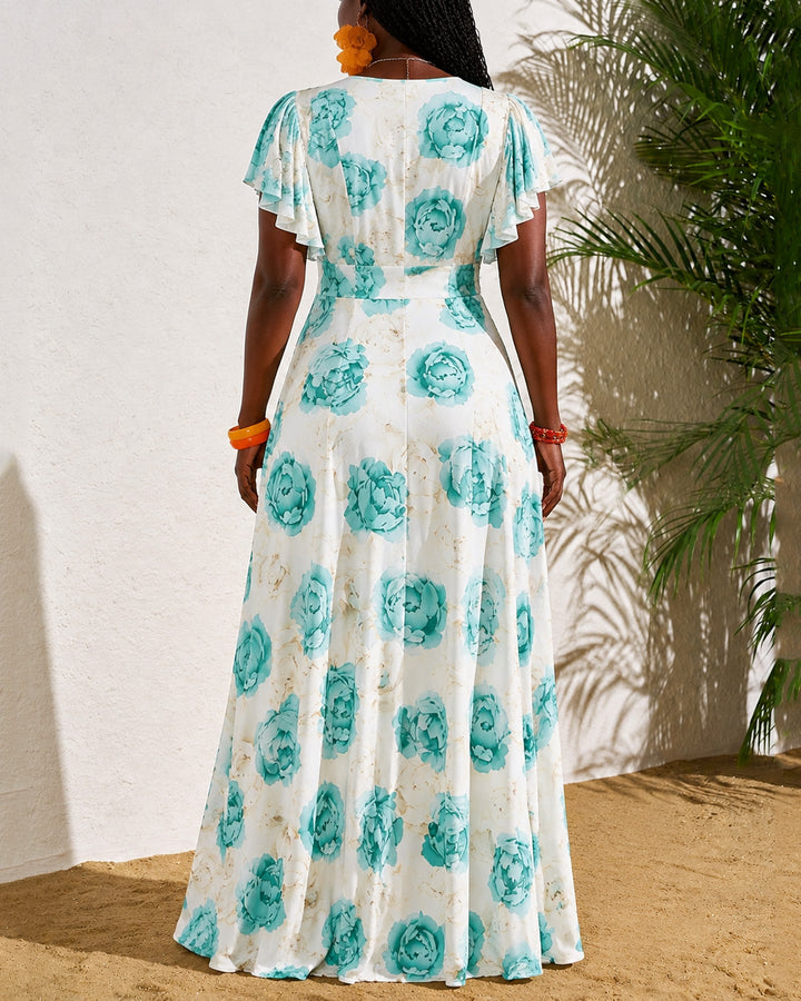 Elegant Floral V-Neck Lace Trim Flared Sleeve Full Swing Maxi Dress