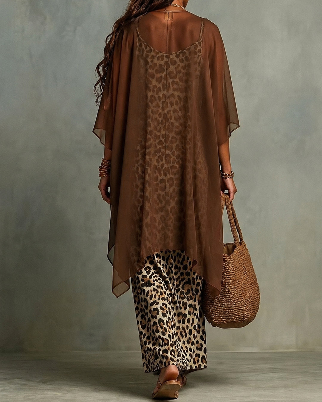Boho Leopard Print Maxi Dress With Chiffon Kimono 2‑Piece Outfit