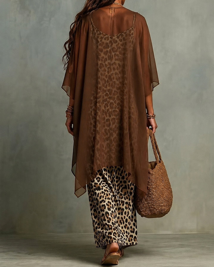 Boho Leopard Print Maxi Dress With Chiffon Kimono 2‑Piece Outfit