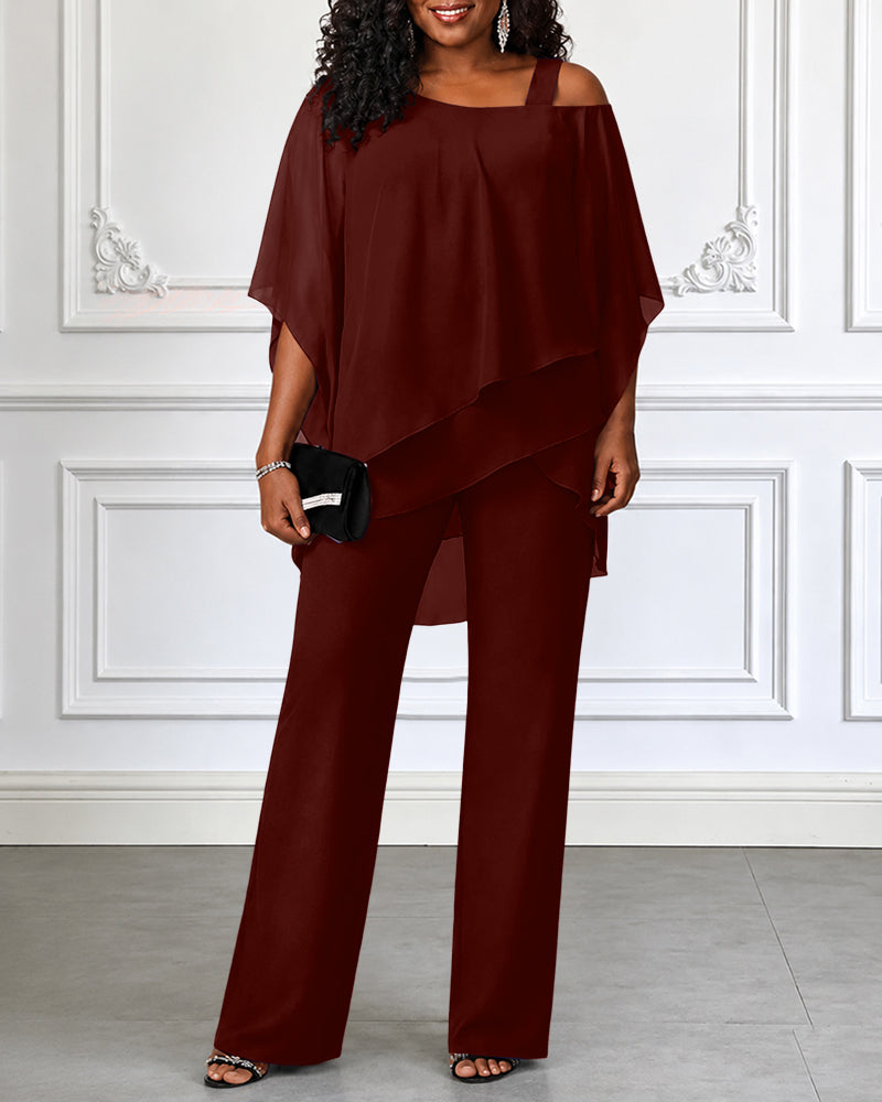 Asymmetric Off-Shoulder Chiffon Top & Trouser Set