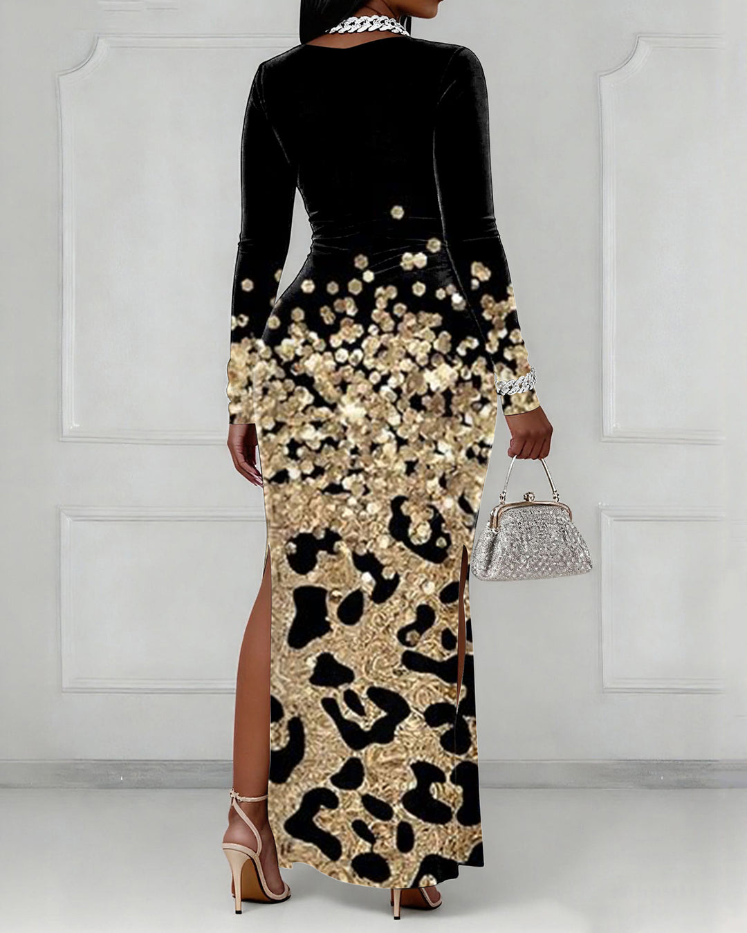 V-neck Gold Leopard Print Sequins Long Sleeve Bodycon Dress