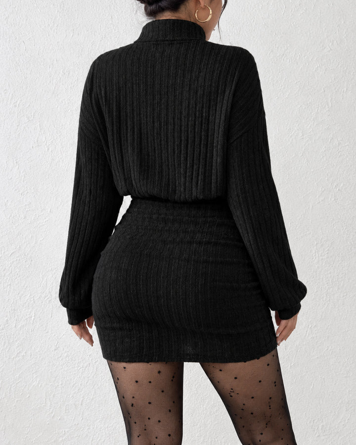 Women's Turtleneck Ribbed Knit Long Sleeve Ruched Mini Dress