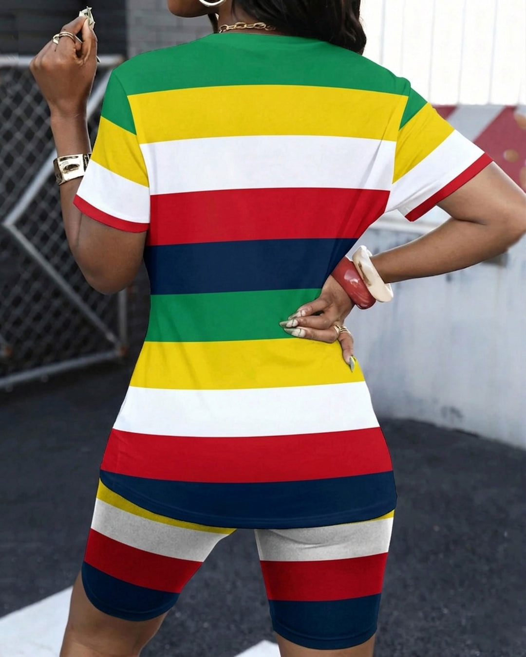 Reggae-Striped Polo Letter Print Round Neck Short Sleeve & Shorts Set