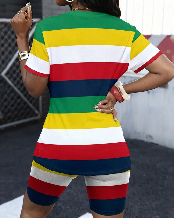 Reggae-Striped Polo Letter Print Round Neck Short Sleeve & Shorts Set