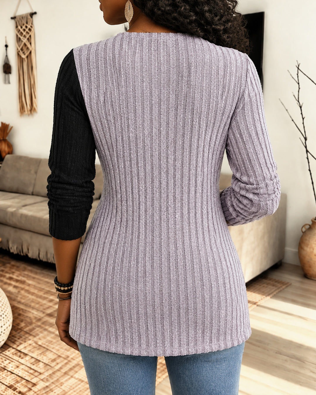 Women Color Block Ribbed Knit Blouse