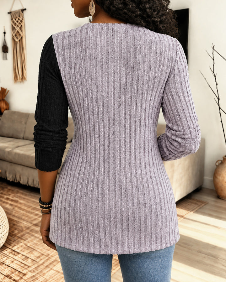 Women Color Block Ribbed Knit Blouse