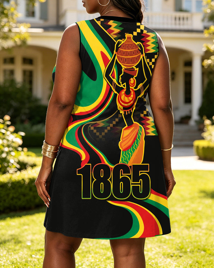 Ankara Pattern Splicing Print V-neck Mini Dress With Pocket