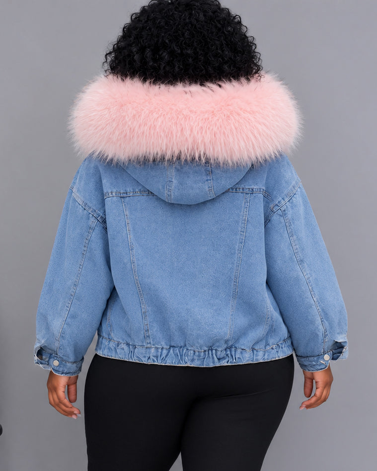 Faux Fur Collar Button Down Long Sleeve Oversized Denim Jacket