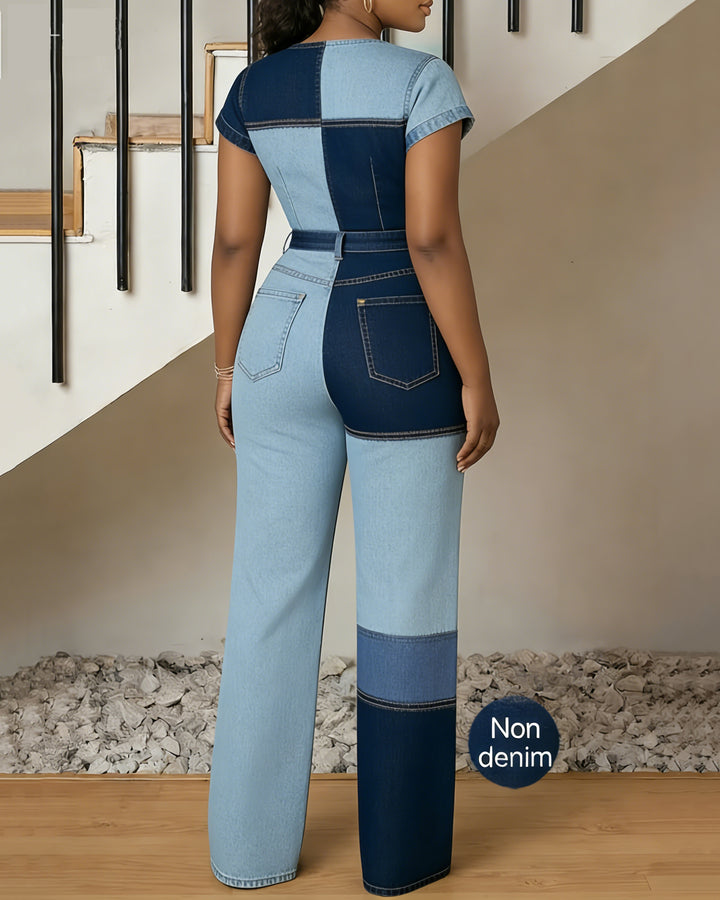 Faux Denim Patchwork Printing V-Neck Waist Straight Jumpsuit