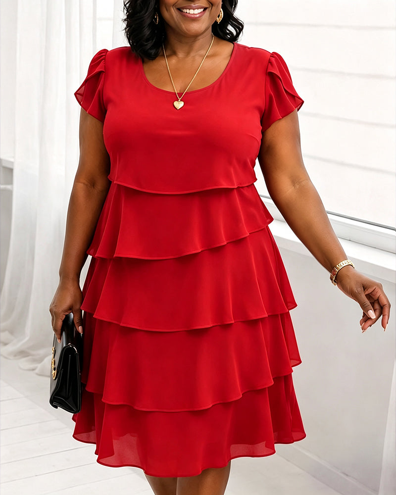 Round Neck Short Sleeves Elegant Layered Ruffle Dress