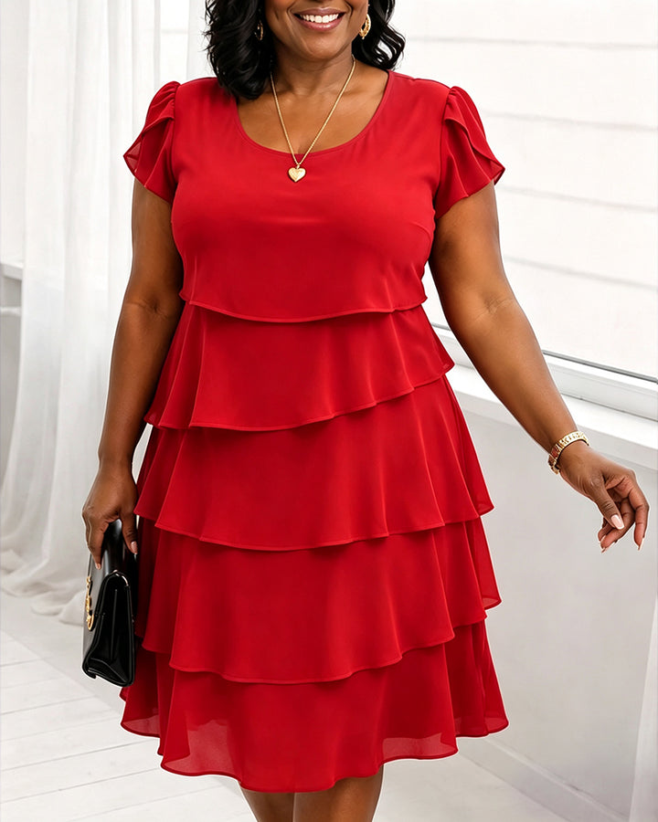 Round Neck Short Sleeves Elegant Layered Ruffle Dress