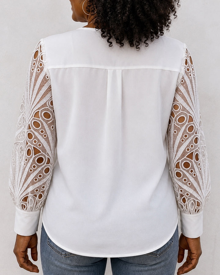 Women's Lace Panel Sleeve Collared Casual Blouse Shirt