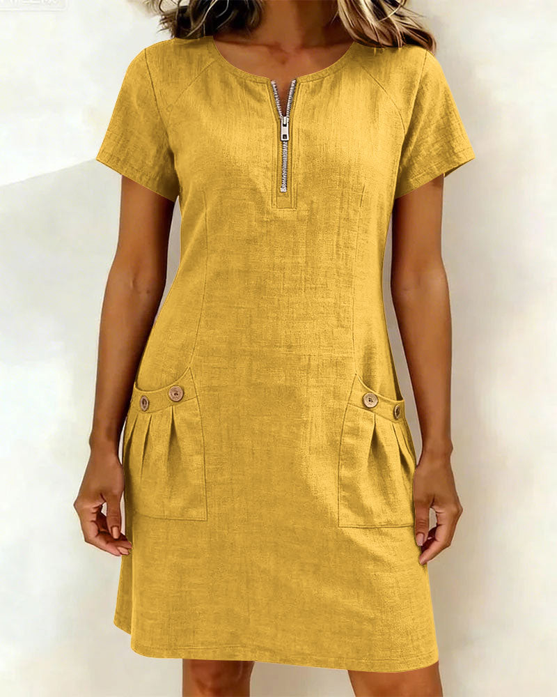 Zipper Pocket Cotton Linen Dress