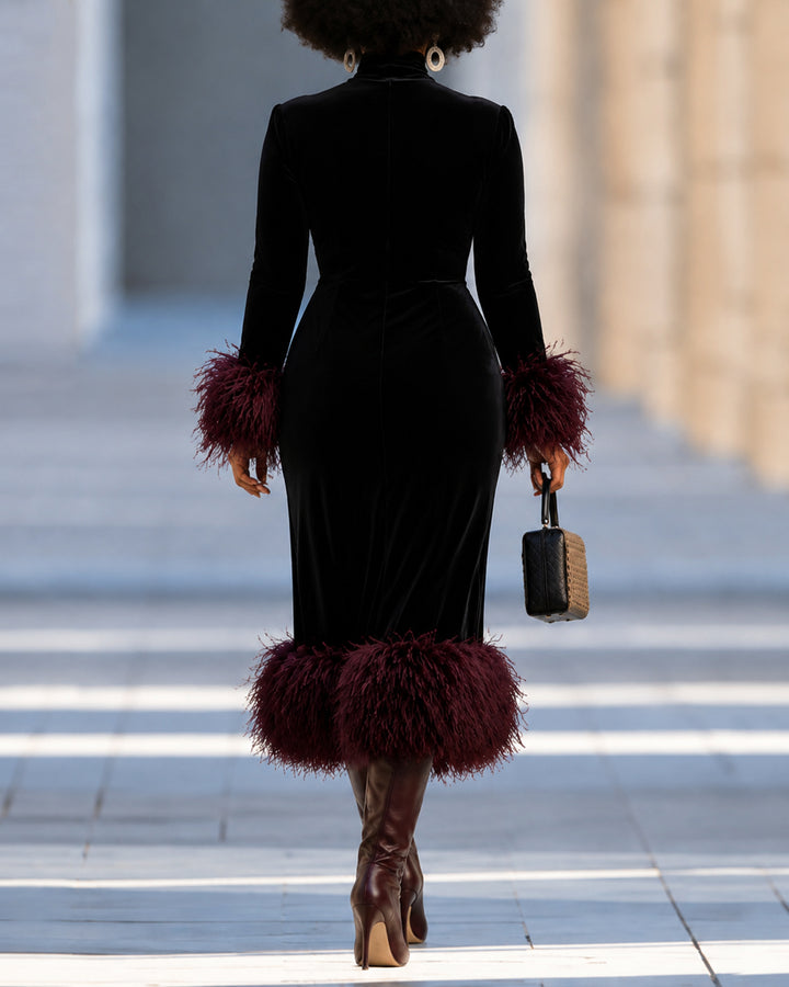 Velvet Turtleneck Midi Dress With Burgundy Feather Trim