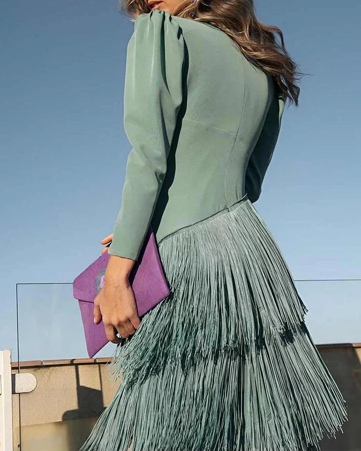 Deep V‑Neck Puff Shoulder Long Sleeve Fringe Slit Maxi Evening Dress