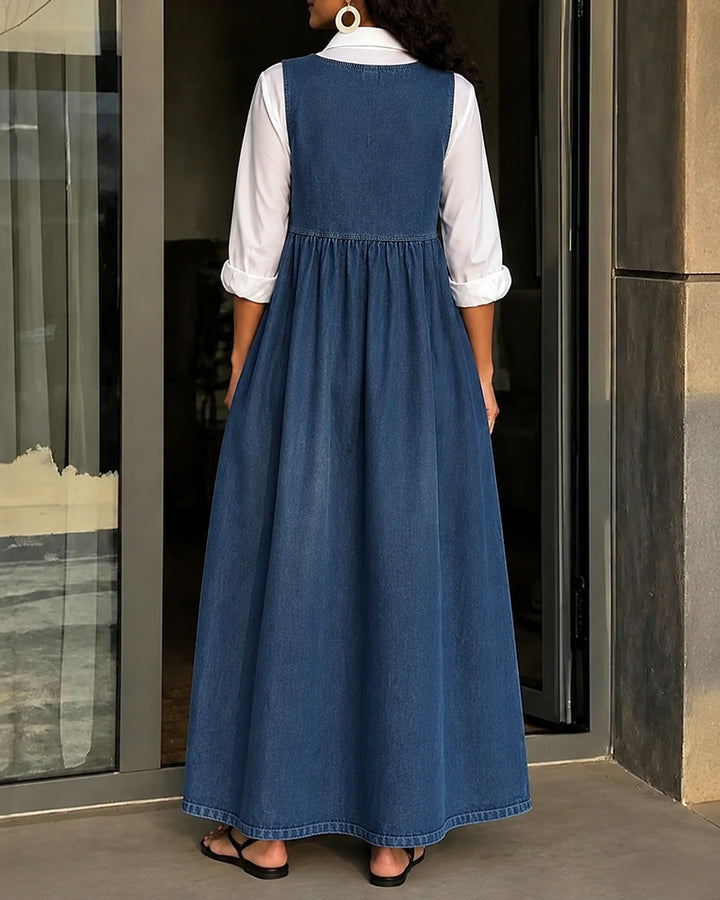 Stylish Sleeveless Loose-fitting Pocket Casual Denim Maxi Dress