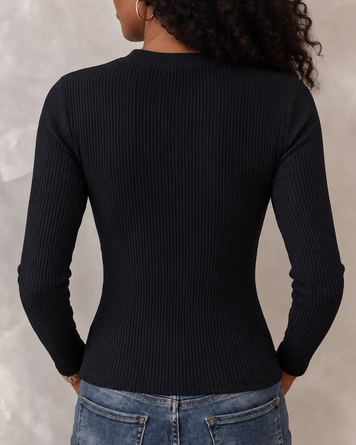 Women's Ribbed Sexy Cutout Deep V Neck Slim FittedLong Sleeve Top