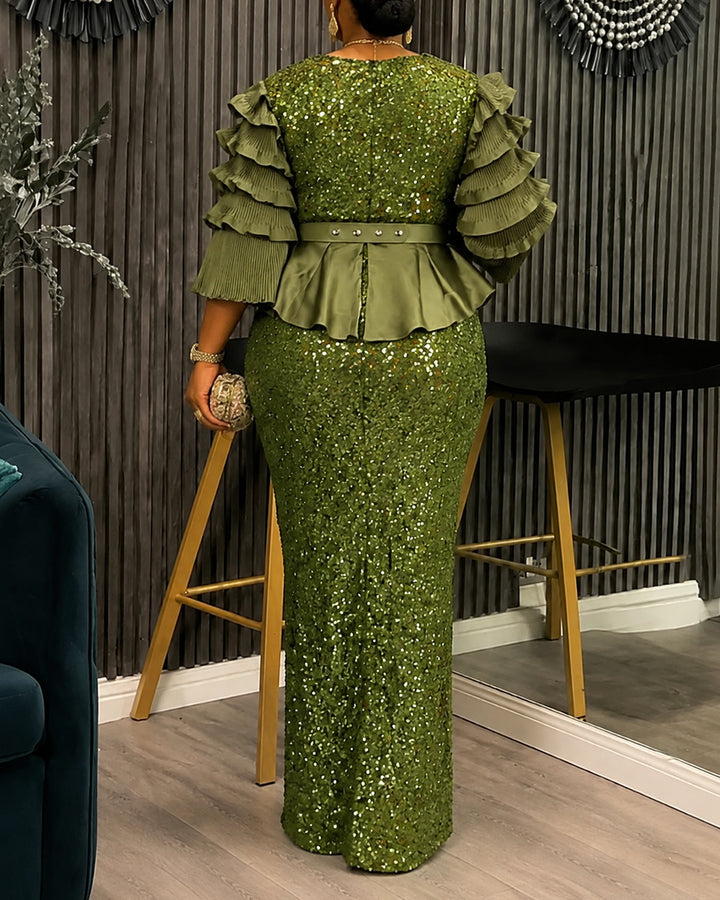 Plus Size Sequin Deep V Multi‑Layer Ruffle Sleeve Peplum Slit Maxi Evening Gown