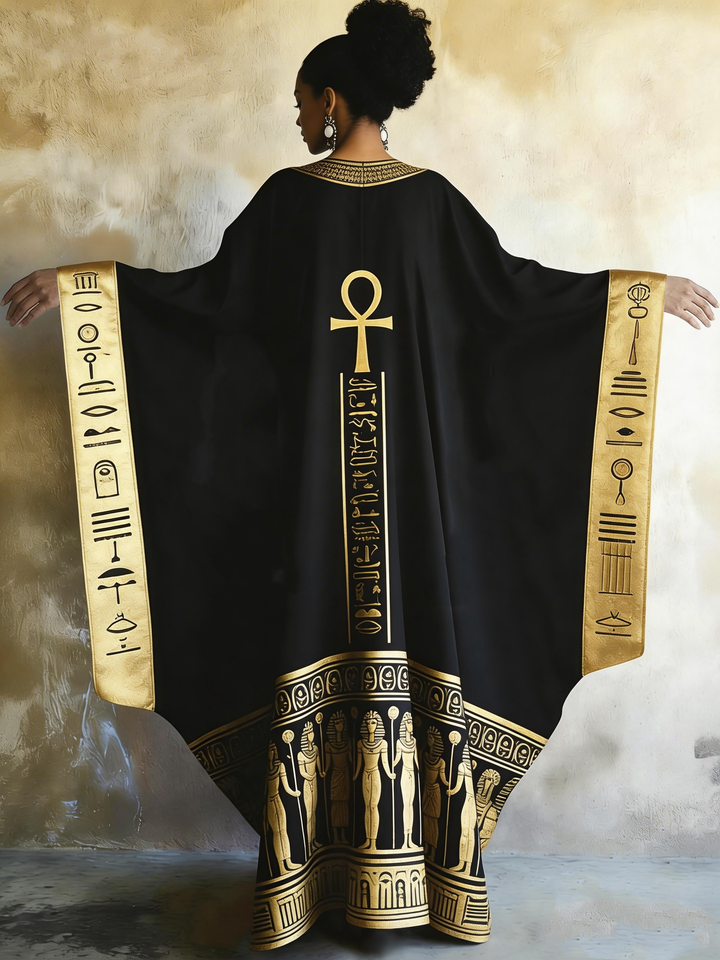 Gold Egyptian Totem Print V-neck Long Kaftan Dress