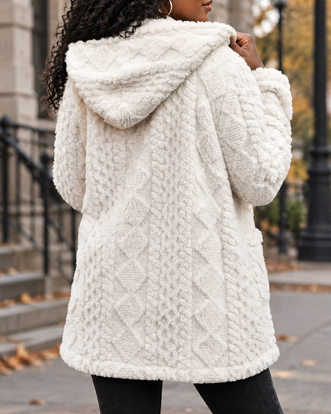 Women's Hooded Sherpa Fleece Full Zip Cable Textured Jacket