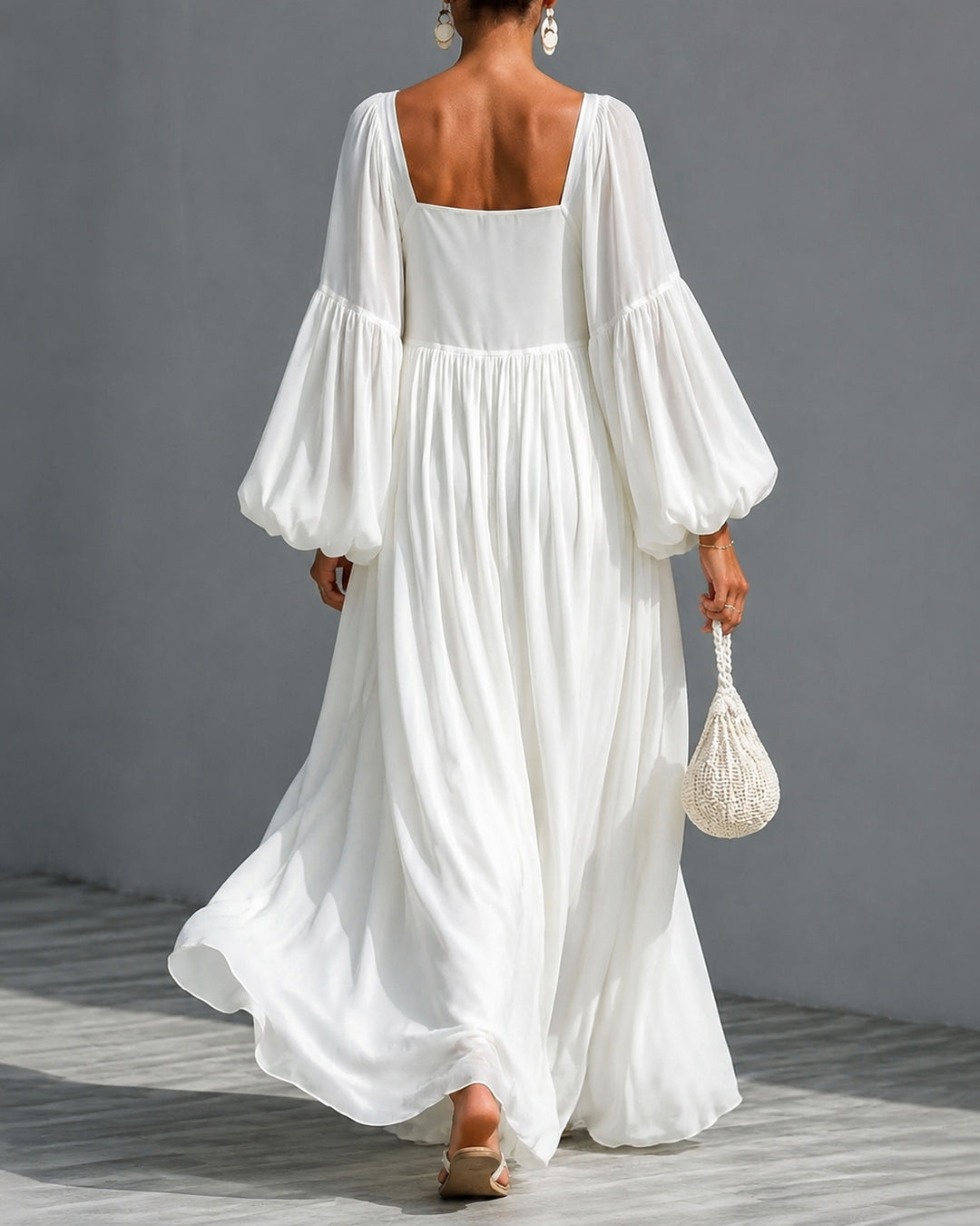 Square Neck Balloon Sleeve Chiffon Maxi Dress