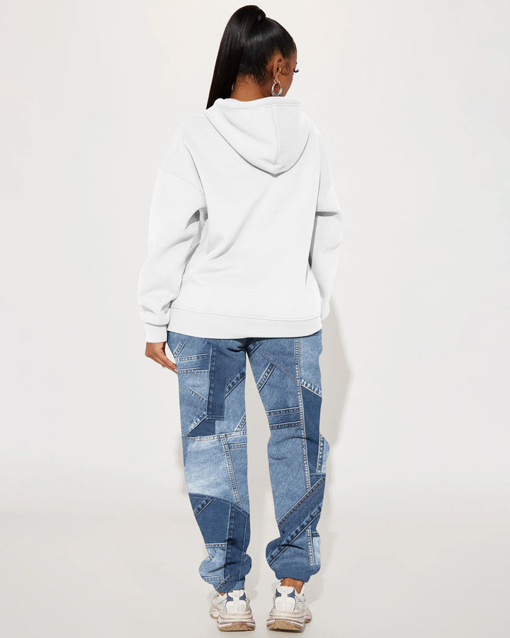 Denim Patch Little Brown Bear Hooded Two Pieces Set