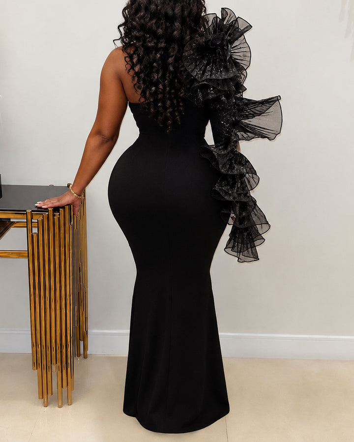 Organza Ruffle Long Sleeve Formal Evening Gown