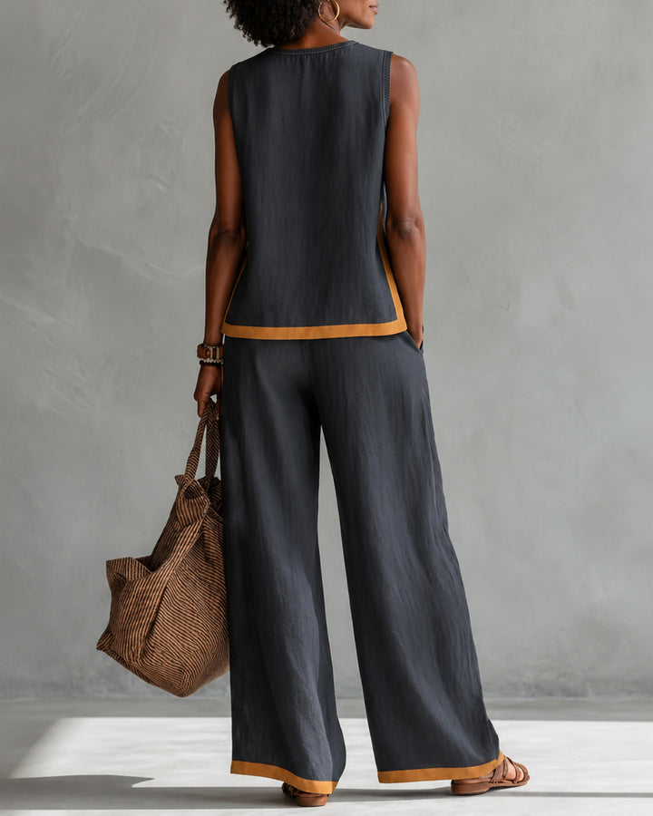 Simple Striped Crew Neck Sleeveless Top & Wide Leg Pants Two Piece Set