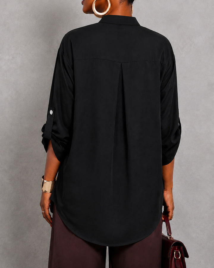 Semi-stand Collar Sequined Pocket Button-down Shirt