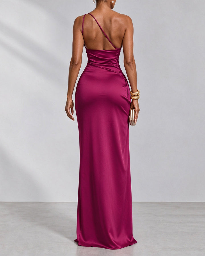 Women One Shoulder Satin Ruched High Slit Bodycon Maxi Dress