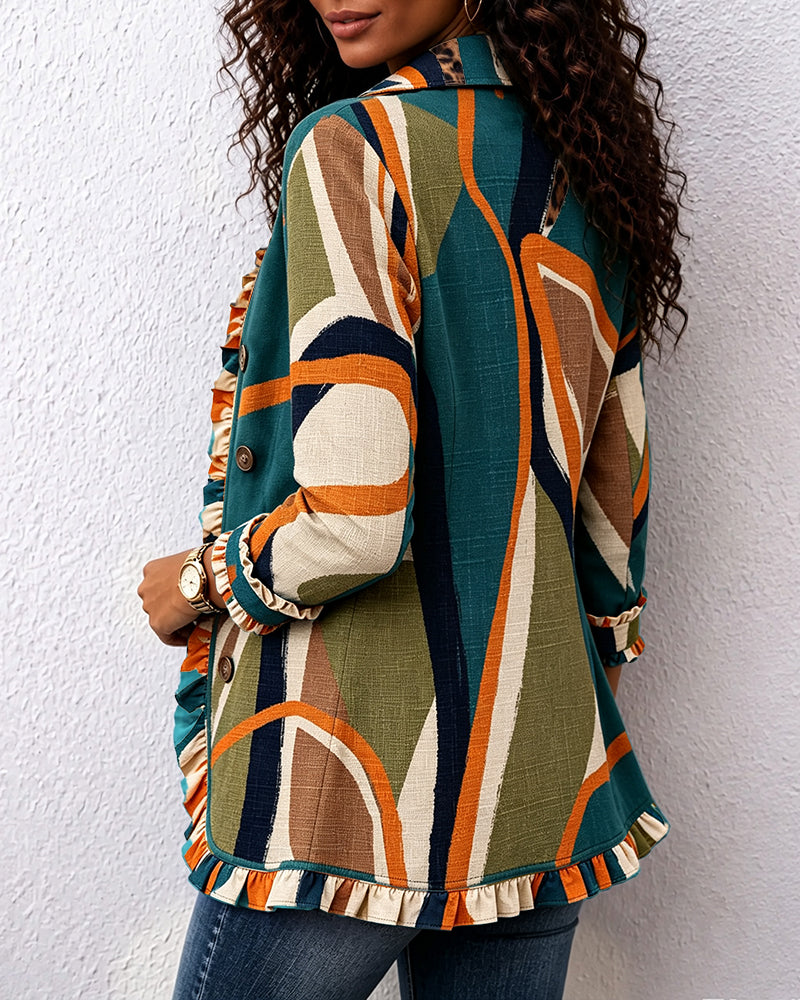 Abstract Geometric Stripe Art Linen Blend Ruffle Jacket